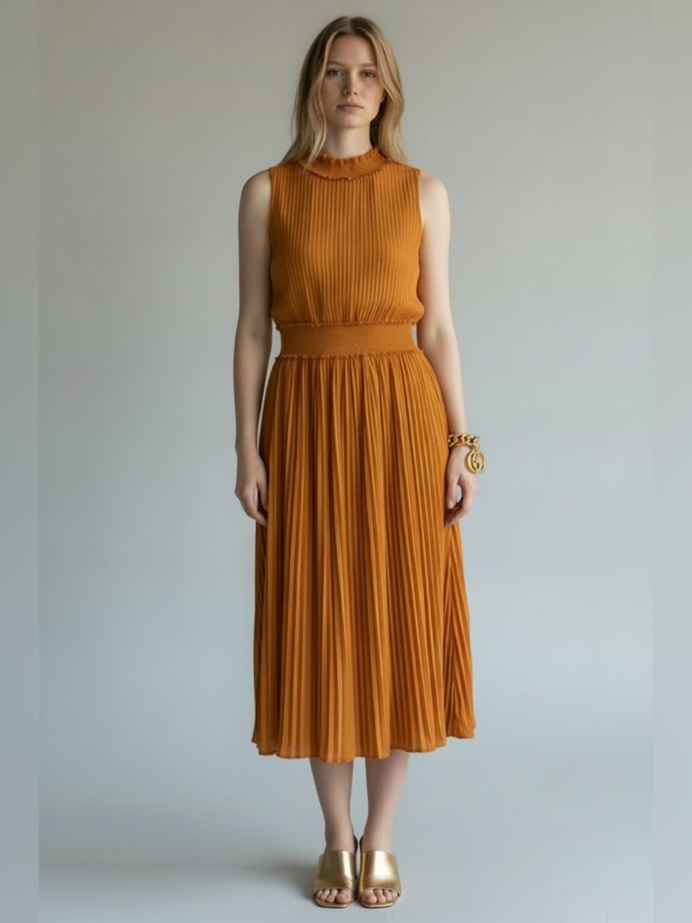 Nanette Lepore Mustard Yellow Pleated Midi Dress